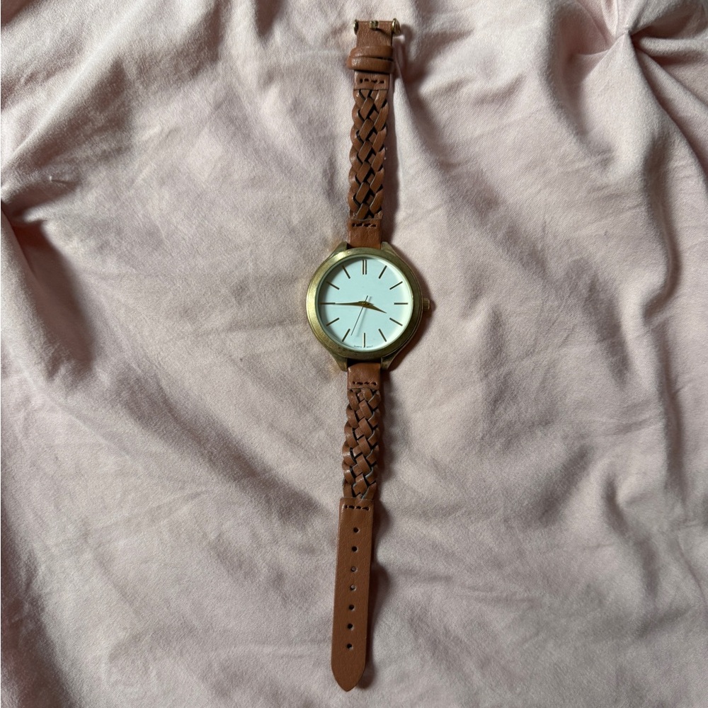 Francesca’s Brown Braided Leather Strap Analogue Watch Boho Chic Gold Tone Bezel